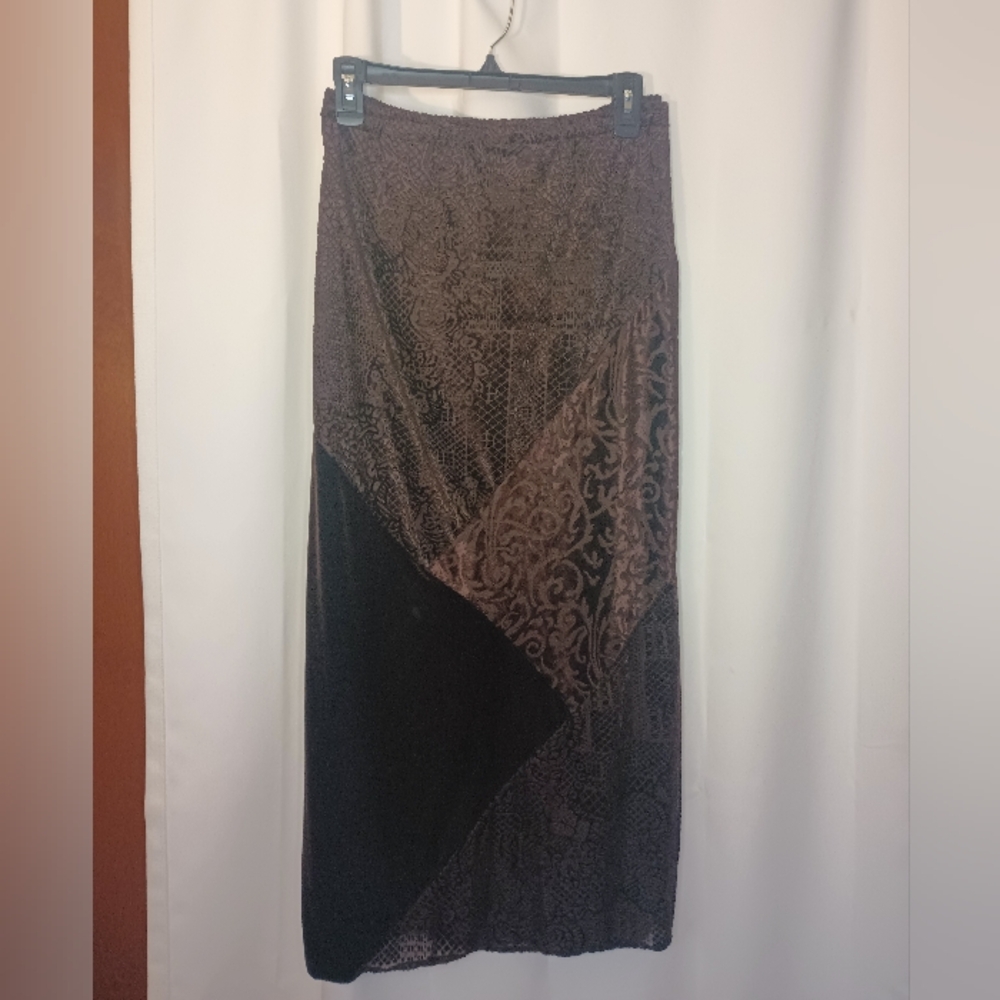 Notations Women's Velvet Burnout Maxi Skirt 1X Brown Pull On Forest Fairy Grunge